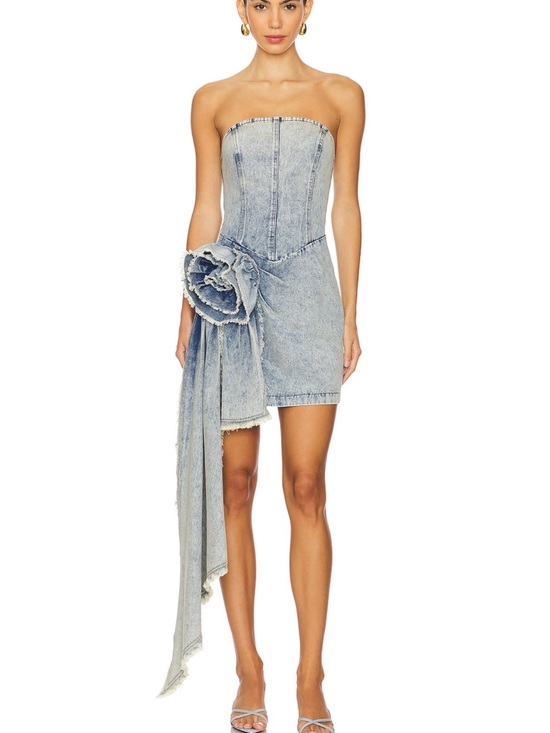 Elliatt Dresses & Skirts - Strapless Light Wash Denim Mini Dress with Draped Floral Detail by Elliatt